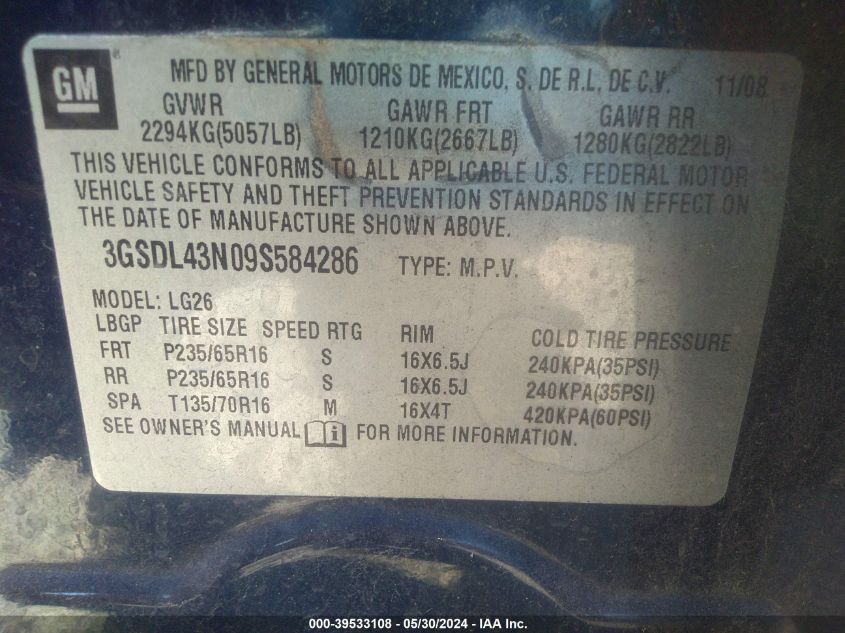 2009 Saturn Vue V6 Xe VIN: 3GSDL43N09S584286 Lot: 39533108