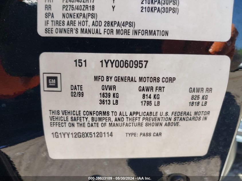 1999 Chevrolet Corvette Hardtop VIN: 1G1YY12G8X5120114 Lot: 39533109