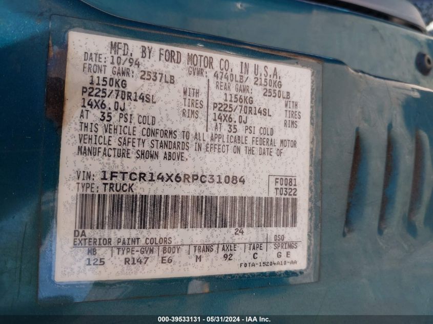 1994 Ford Ranger Super Cab VIN: 1FTCR14X6RPC31084 Lot: 39533131