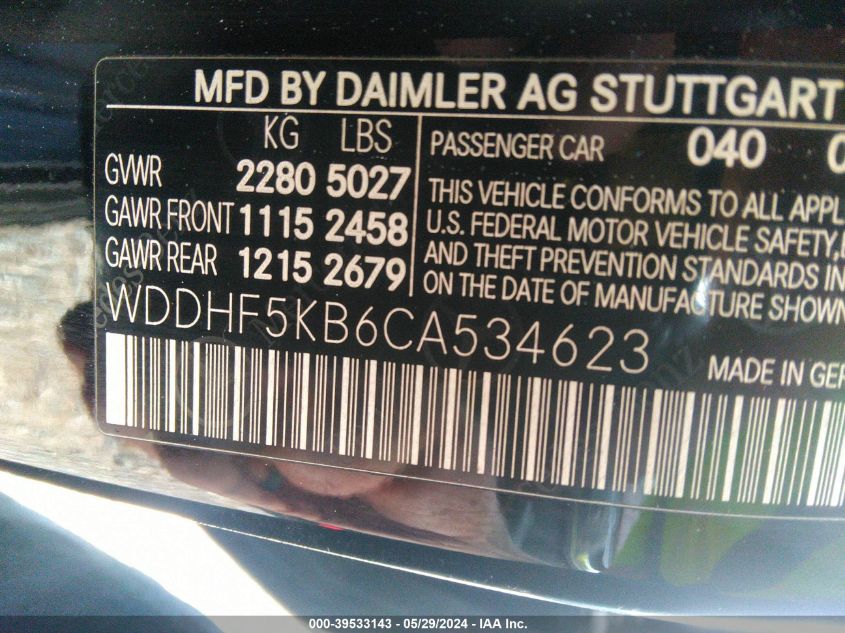 2012 Mercedes-Benz E 350 VIN: WDDHF5KB6CA534623 Lot: 39533143