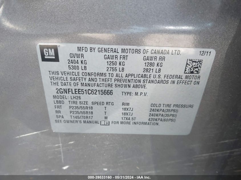 2012 Chevrolet Equinox 1Lt VIN: 2GNFLEE51C6215666 Lot: 39533160