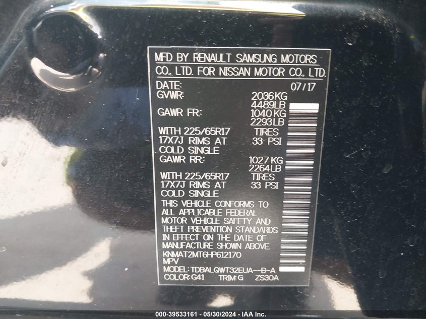 2017 Nissan Rogue Sv VIN: KNMAT2MT6HP612170 Lot: 39533161