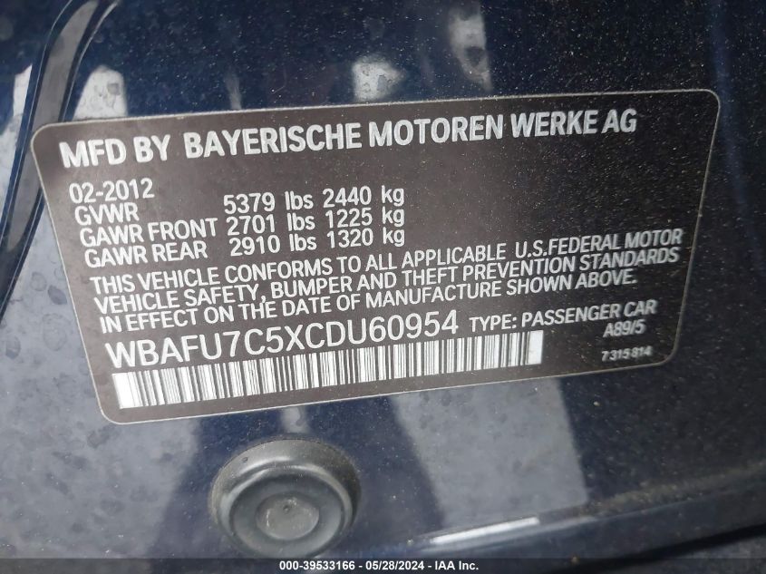 2012 BMW 535I xDrive VIN: WBAFU7C5XCDU60954 Lot: 39533166