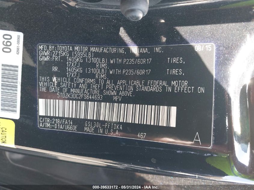 2015 Toyota Sienna L 7 Passenger VIN: 5TDZK3DC2FS644693 Lot: 39533172