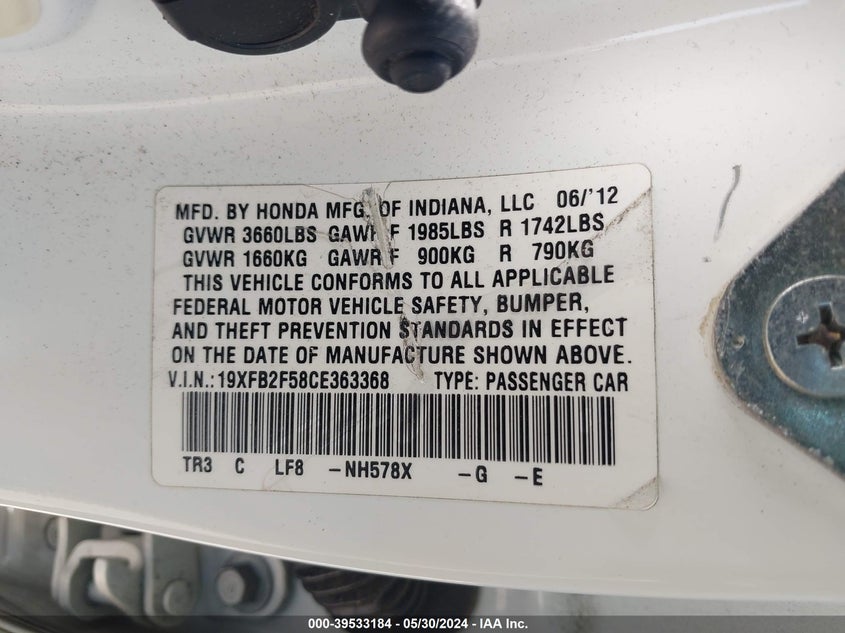 2012 Honda Civic Lx VIN: 19XFB2F58CE363368 Lot: 39533184