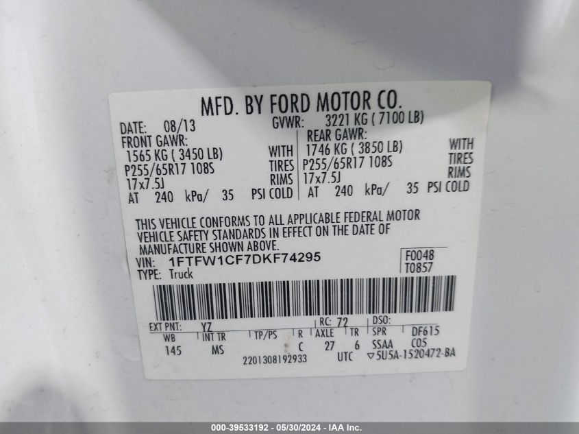 2013 Ford F-150 Xlt VIN: 1FTFW1CF7DKF74295 Lot: 39533192