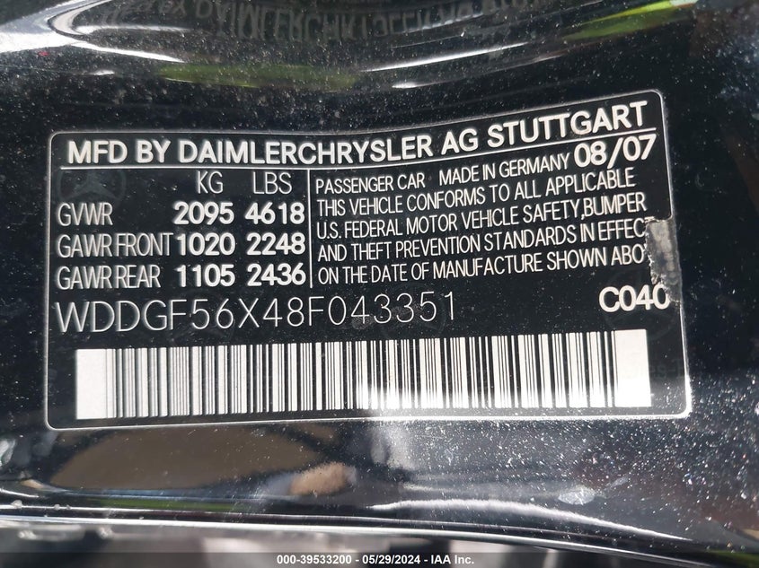 2008 Mercedes-Benz C 350 Sport VIN: WDDGF56X48F043351 Lot: 39533200