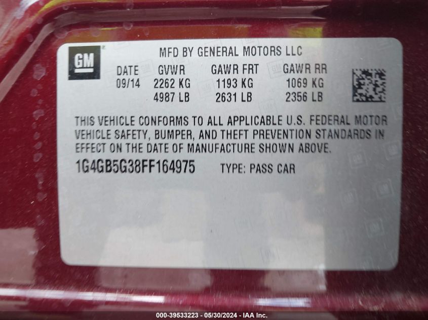 2015 Buick Lacrosse Leather VIN: 1G4GB5G38FF164975 Lot: 39533223