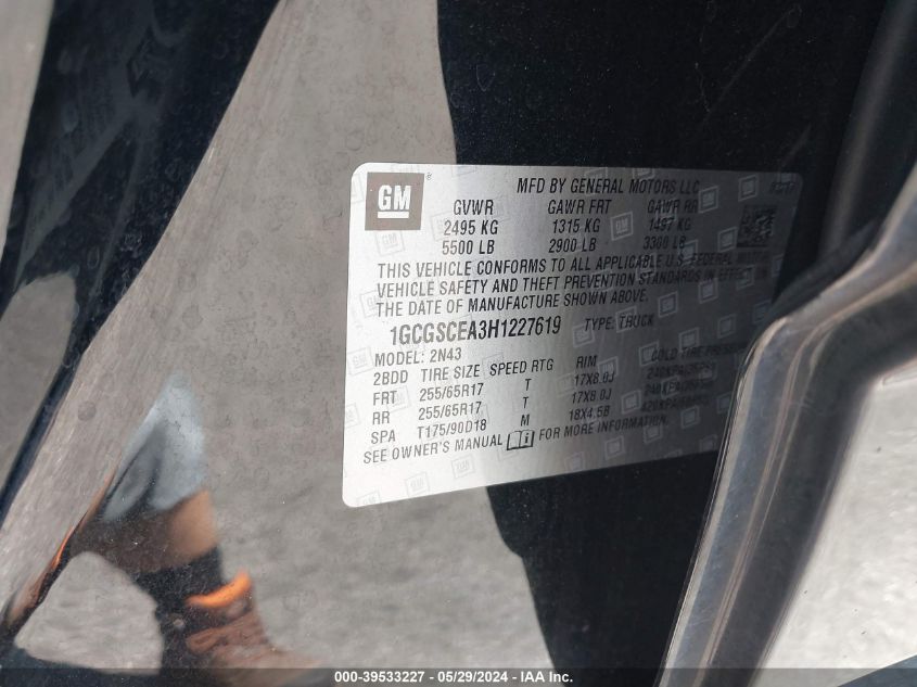 2017 Chevrolet Colorado Lt VIN: 1GCGSCEA3H1227619 Lot: 39533227