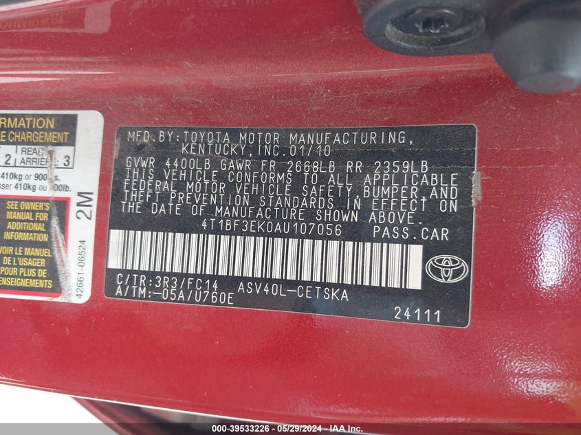 2010 Toyota Camry Se/Le/Xle VIN: 4T1BF3EK0AU107056 Lot: 39533226