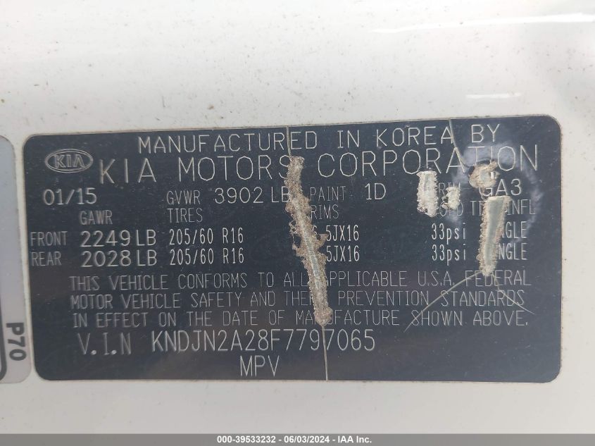 2015 Kia Soul VIN: KNDJN2A28F7797065 Lot: 39533232