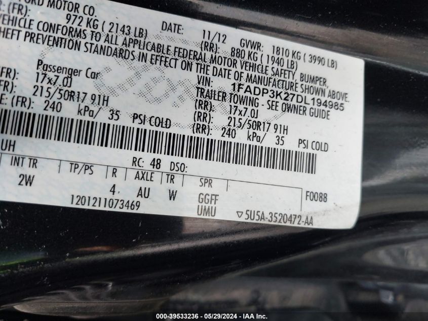 2013 Ford Focus Se VIN: 1FADP3K27DL194985 Lot: 39533236