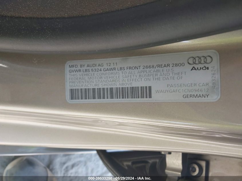 WAUYGAFC1CN094612 2012 Audi A7 Premium