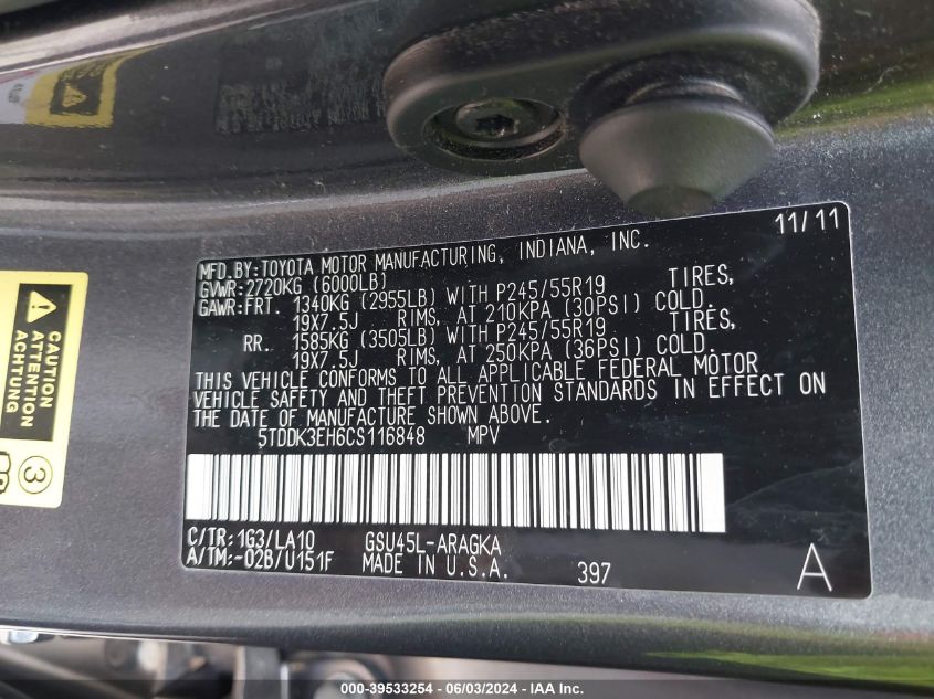 2012 Toyota Highlander Limited V6 VIN: 5TDDK3EH6CS116848 Lot: 39533254