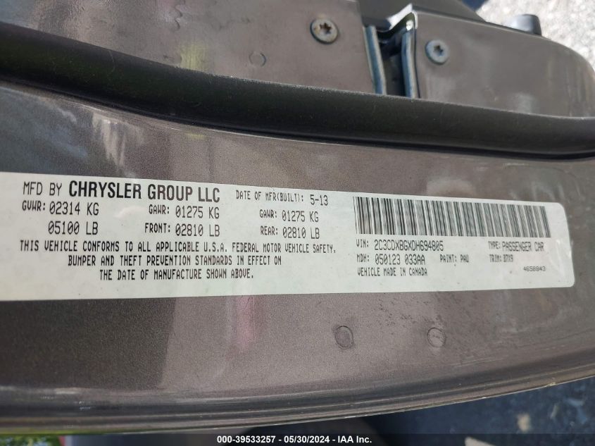 2013 Dodge Charger Se VIN: 2C3CDXBGXDH694805 Lot: 39533257