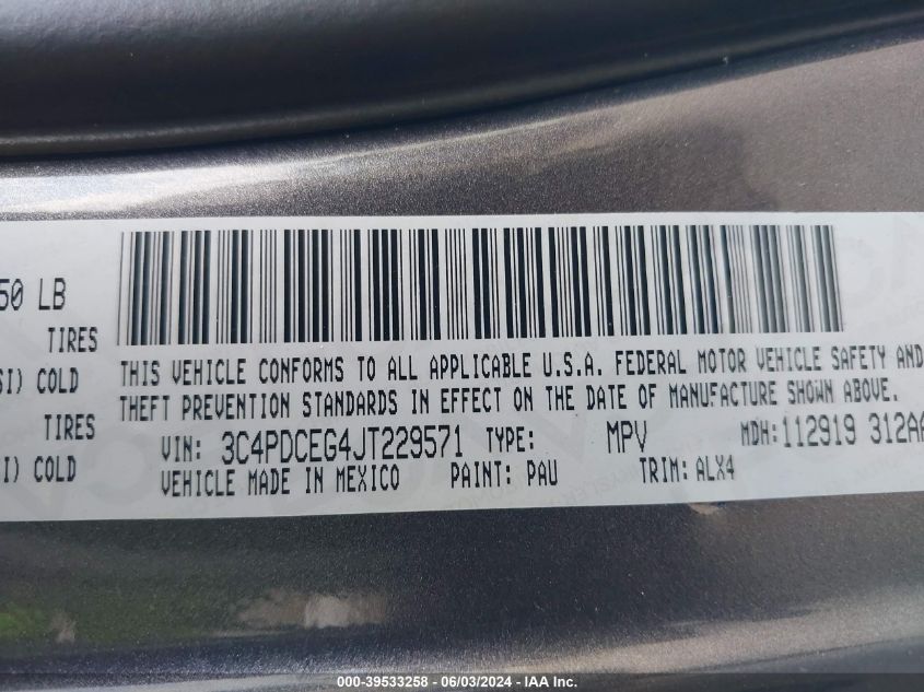 2018 Dodge Journey Gt VIN: 3C4PDCEG4JT229571 Lot: 39533258