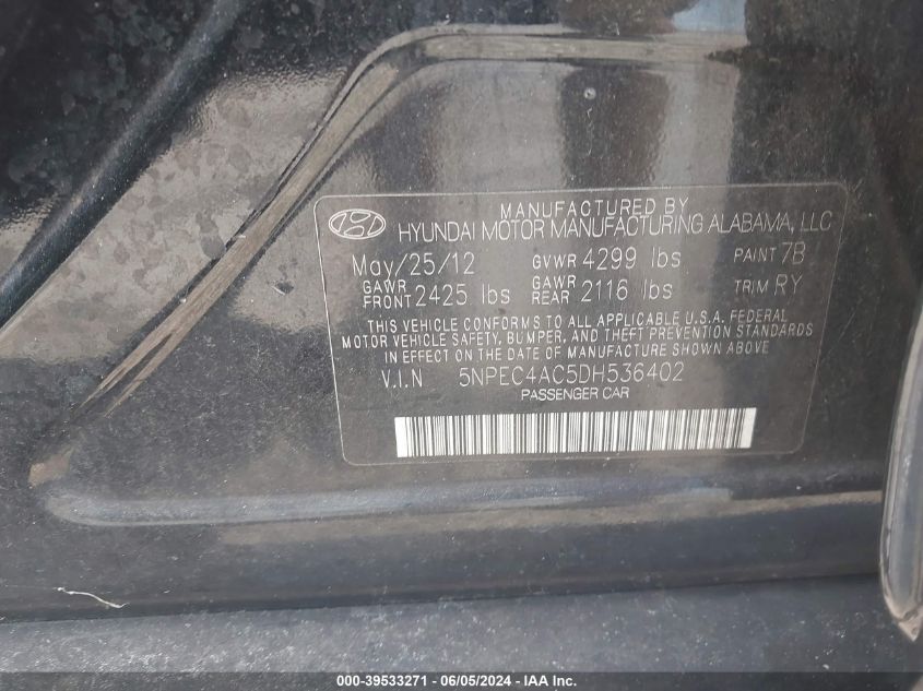 2013 Hyundai Sonata Se VIN: 5NPEC4AC5DH536402 Lot: 39533271