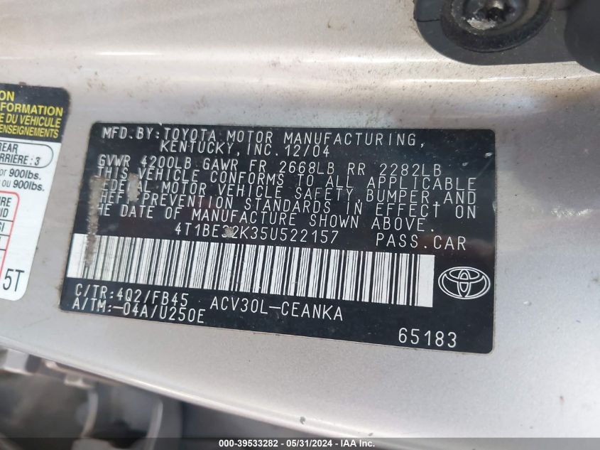 2005 Toyota Camry Std VIN: 4T1BE32K35U522157 Lot: 39533282