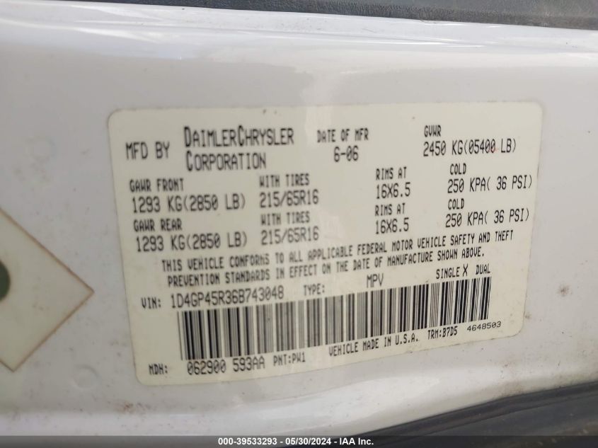 2006 Dodge Caravan Sxt VIN: 1D4GP45R36B743048 Lot: 39533293