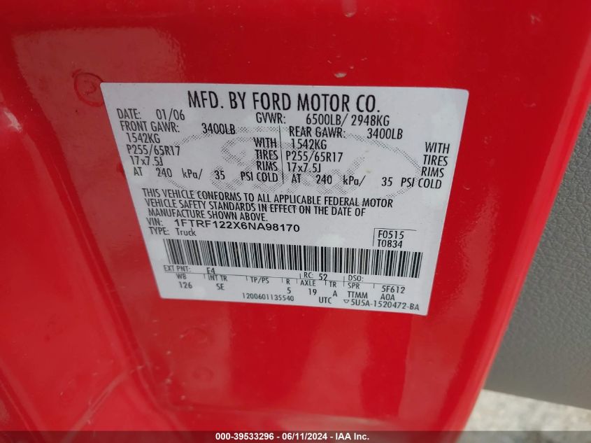 2006 Ford F-150 Stx/Xl/Xlt VIN: 1FTRF122X6NA98170 Lot: 39533296