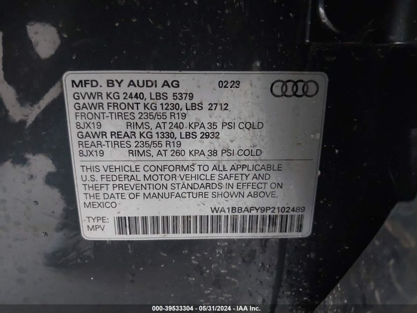 2023 Audi Q5 Premium Plus 40 Tfsi Quattro S Tronic VIN: WA1BBAFY9P2102489 Lot: 39533304