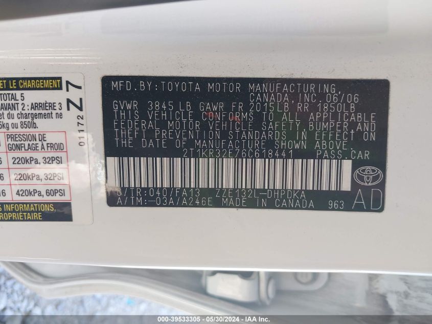 2006 Toyota Matrix VIN: 2T1KR32E76C618441 Lot: 39533305