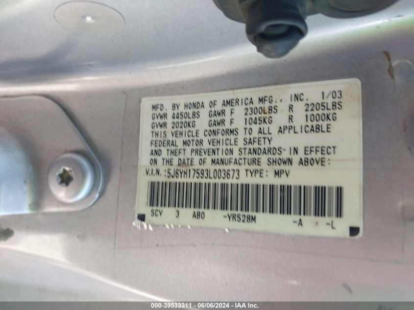 2003 Honda Element Ex VIN: 5J6YH17593L003673 Lot: 39533311