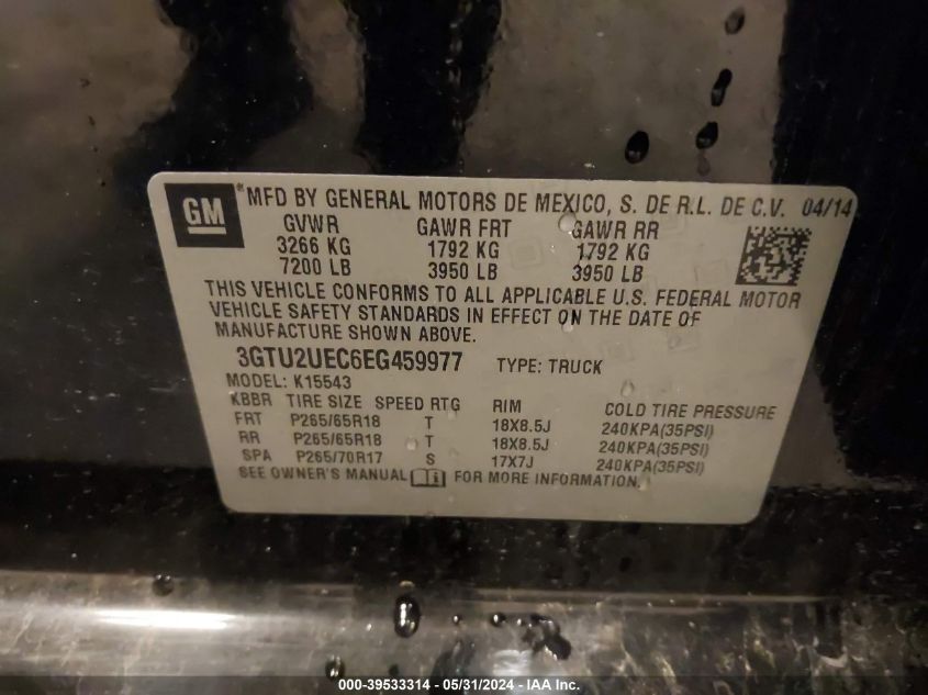 2014 GMC Sierra 1500 Sle VIN: 3GTU2UEC6EG459977 Lot: 39533314