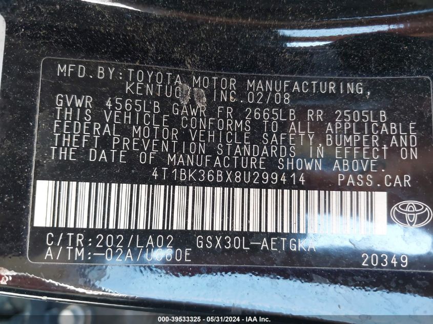 2008 Toyota Avalon Xls VIN: 4T1BK36BX8U299414 Lot: 39533325