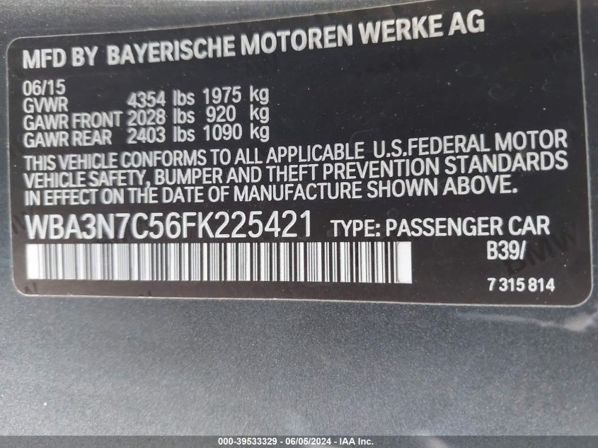 2015 BMW 428I VIN: WBA3N7C56FK225421 Lot: 39533329