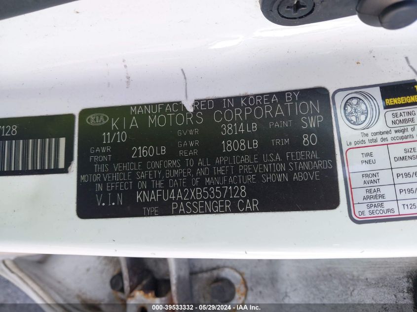 2011 Kia Forte Ex VIN: KNAFU4A2XB5357128 Lot: 39533332