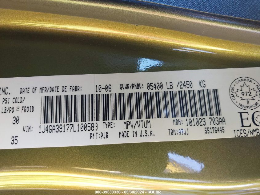 2007 Jeep Wrangler Unlimited X VIN: 1J4GA39177L100589 Lot: 39533336