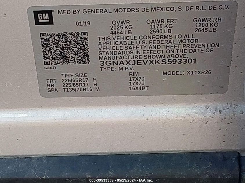 2019 Chevrolet Equinox Lt VIN: 3GNAXJEVXKS593301 Lot: 39533339