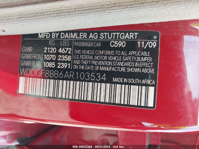 2010 Mercedes-Benz C 300 VIN: WDDGF8BB6AR103534 Lot: 39533345