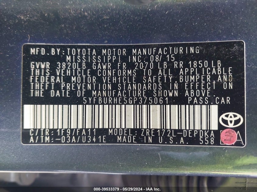 2016 Toyota Corolla L VIN: 5YFBURHE5GP375061 Lot: 39533379