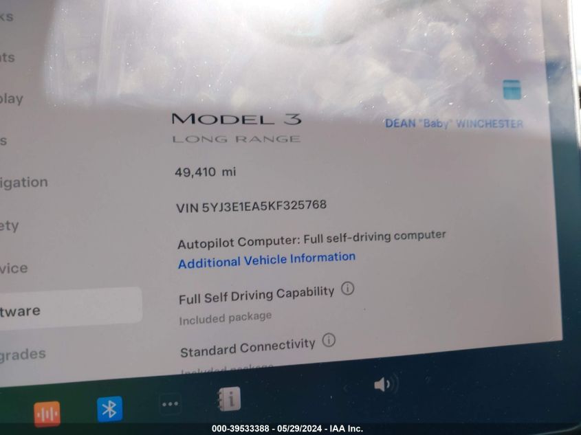 2019 Tesla Model 3 Long Range/Mid Range/Standard Range/Standard Range Plus VIN: 5YJ3E1EA5KF325768 Lot: 39533388