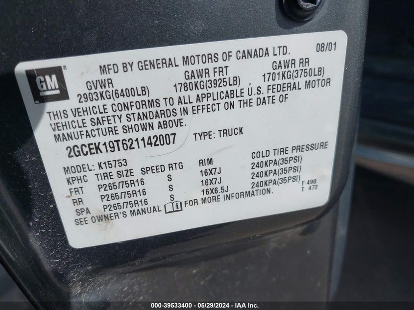 2002 Chevrolet Silverado 1500 Ls VIN: 2GCEK19T621142007 Lot: 39533400