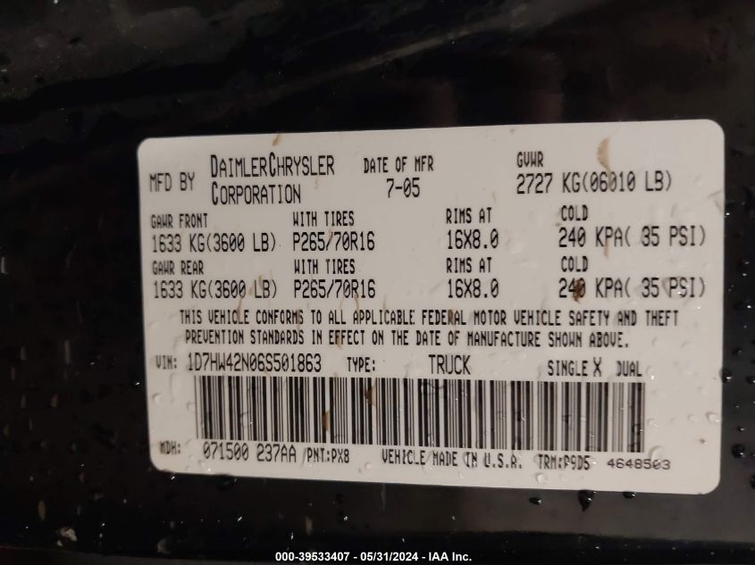 2006 Dodge Dakota Slt VIN: 1D7HW42N06S501863 Lot: 39533407