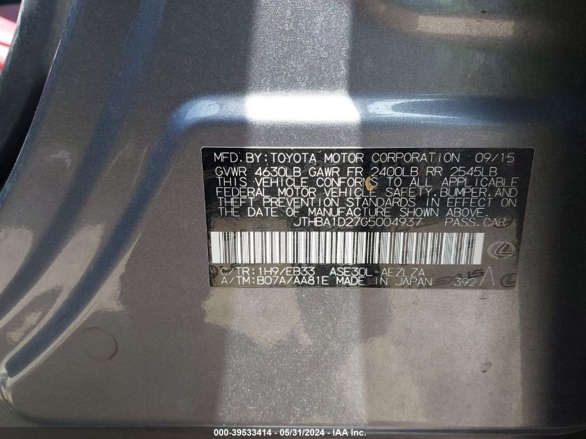 2016 Lexus Is 200T 200T VIN: JTHBA1D27G5004937 Lot: 39533414