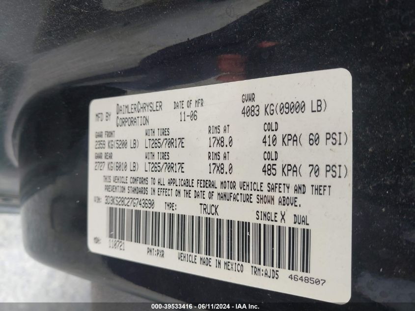 2007 Dodge Ram 2500 Slt/Trx4 Off Road/Sport/Power Wagon VIN: 3D3KS28C27G743690 Lot: 39533416