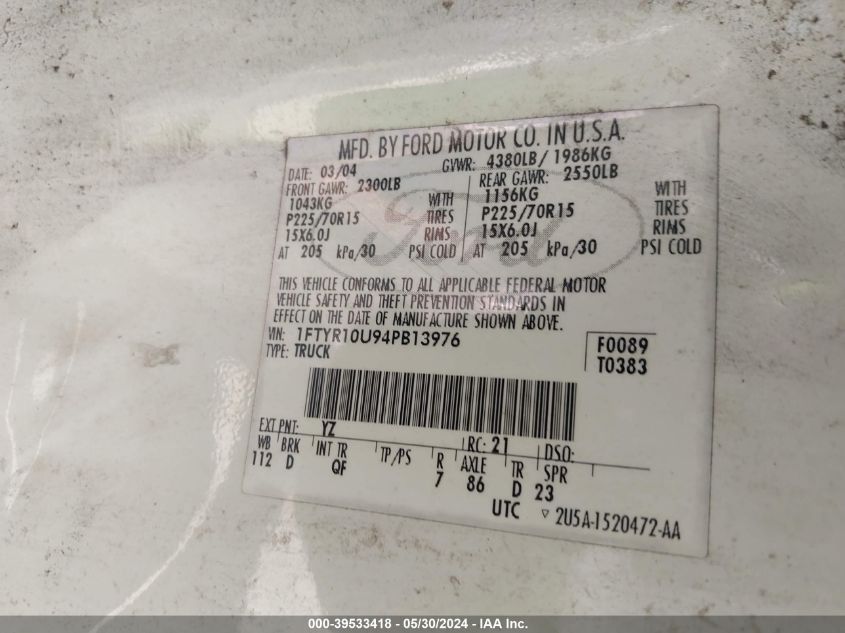 2004 Ford Ranger Edge/Xl/Xlt VIN: 1FTYR10U94PB13976 Lot: 39533418