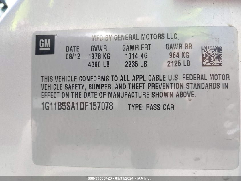 2013 Chevrolet Malibu 1Ls VIN: 1G11B5SA1DF157078 Lot: 39533420