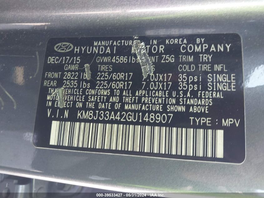 2016 Hyundai Tucson Se VIN: KM8J33A42GU148907 Lot: 39533427