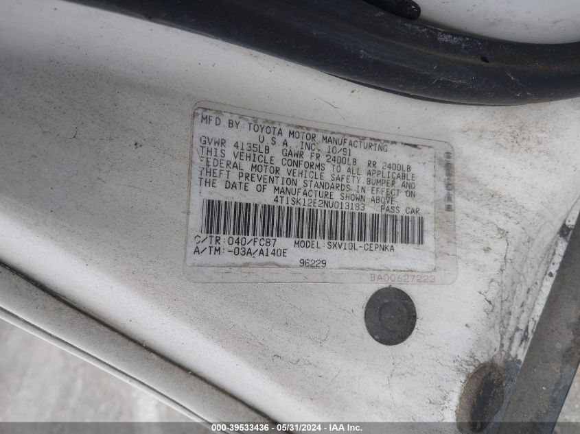 1992 Toyota Camry Le VIN: 4T1SK12E2NU013183 Lot: 39533436