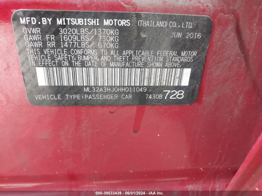 2017 Mitsubishi Mirage Es VIN: ML32A3HJ0HH011049 Lot: 39533439