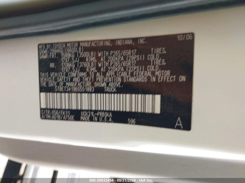 2006 Toyota Tundra Sr5 V8 VIN: 5TBET34196S551883 Lot: 39533454