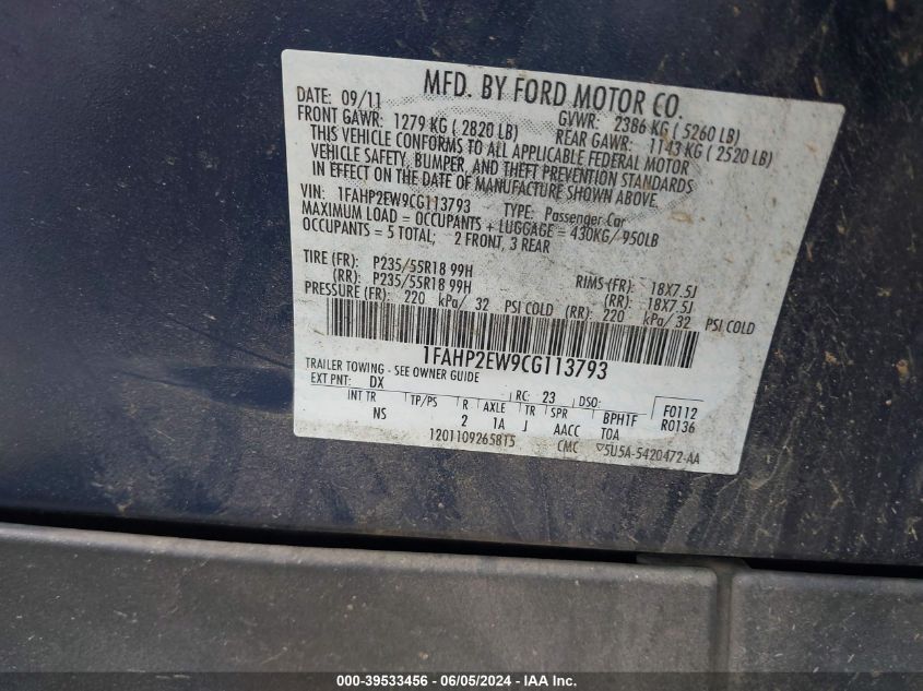 2012 Ford Taurus Sel VIN: 1FAHP2EW9CG113793 Lot: 39533456