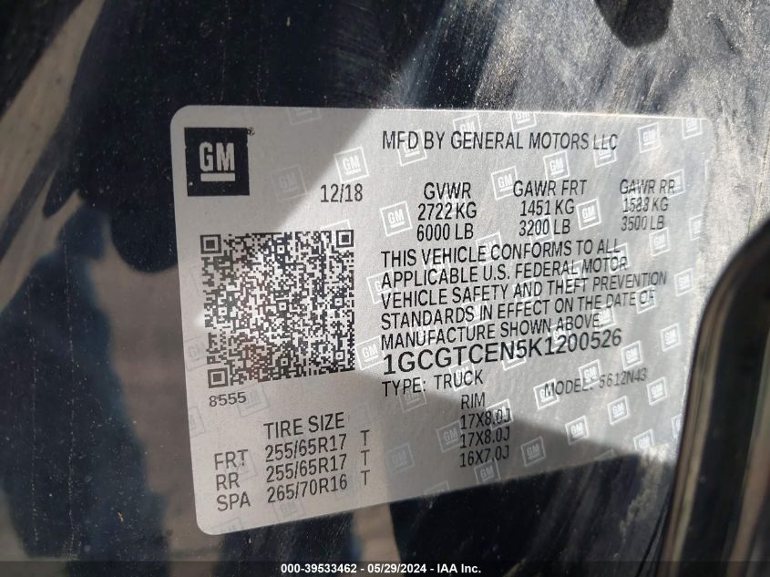 2019 Chevrolet Colorado Lt VIN: 1GCGTCEN5K1200526 Lot: 39533462