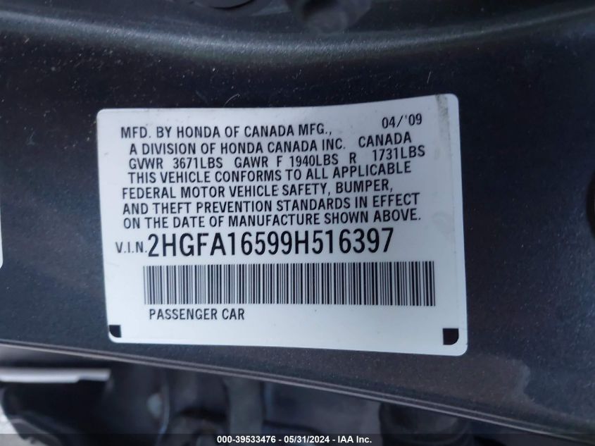 2009 Honda Civic Lx VIN: 2HGFA16599H516397 Lot: 39533476