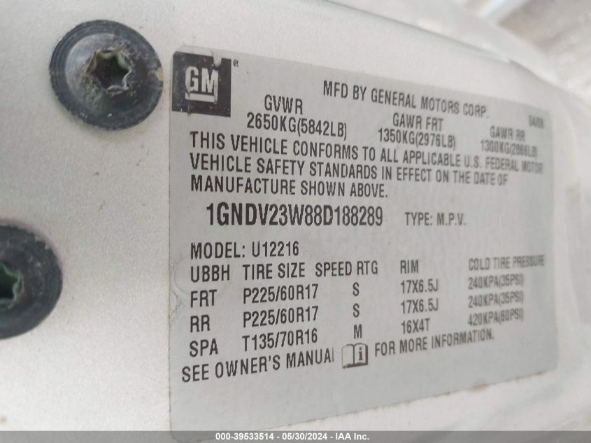 2008 Chevrolet Uplander Ls VIN: 1GNDV23W88D188289 Lot: 39533514